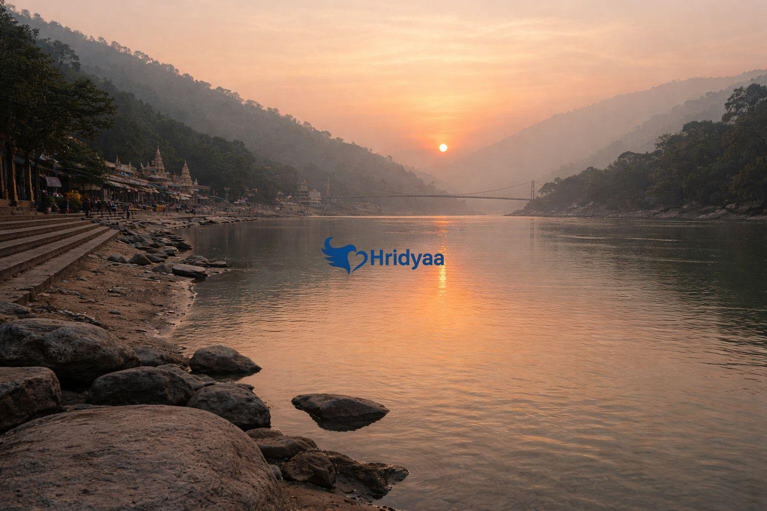 Peaceful sunset view of the Ganga River in Rishikesh with no crowds