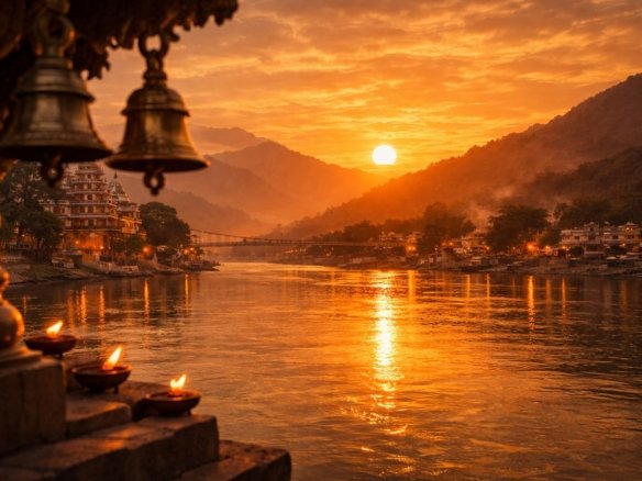 Golden sunset over the Ganga River in Rishikesh creating a spiritual atmosphere