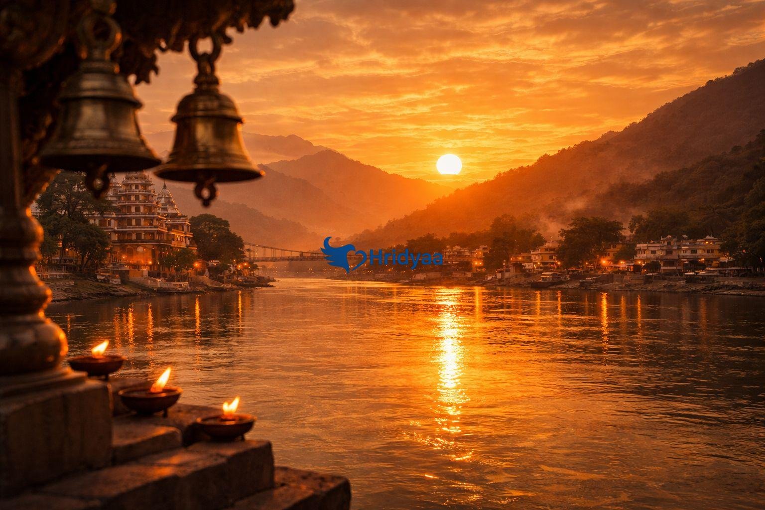Golden sunset over the Ganga River in Rishikesh creating a spiritual atmosphere