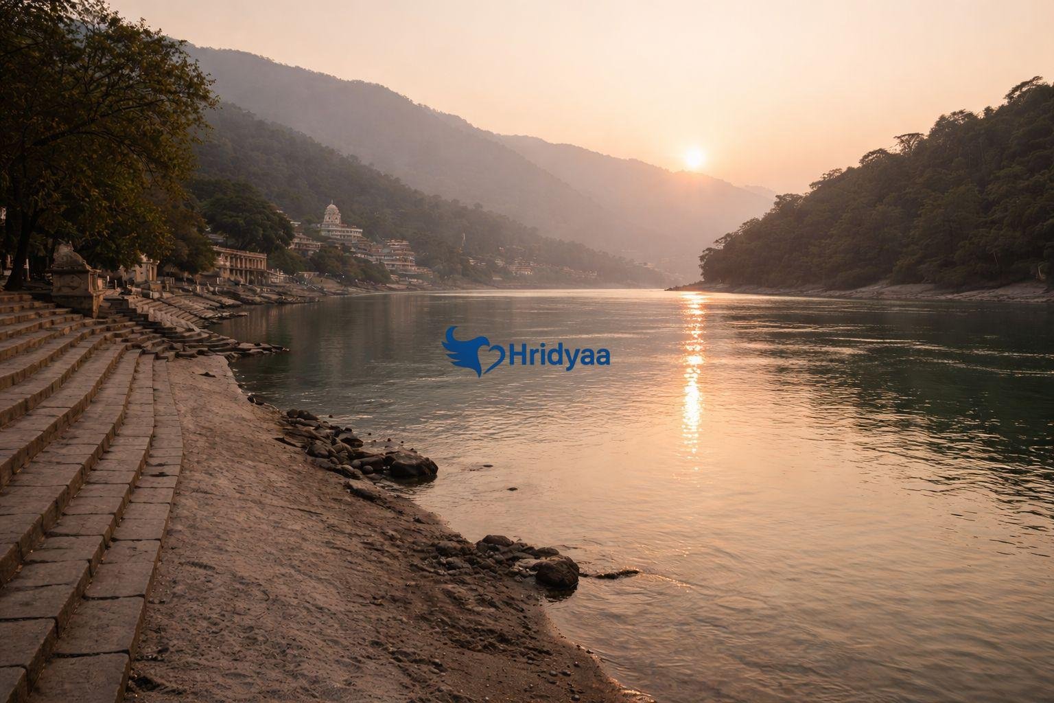 Calm sunset view of the Ganga River in Rishikesh with empty surroundings