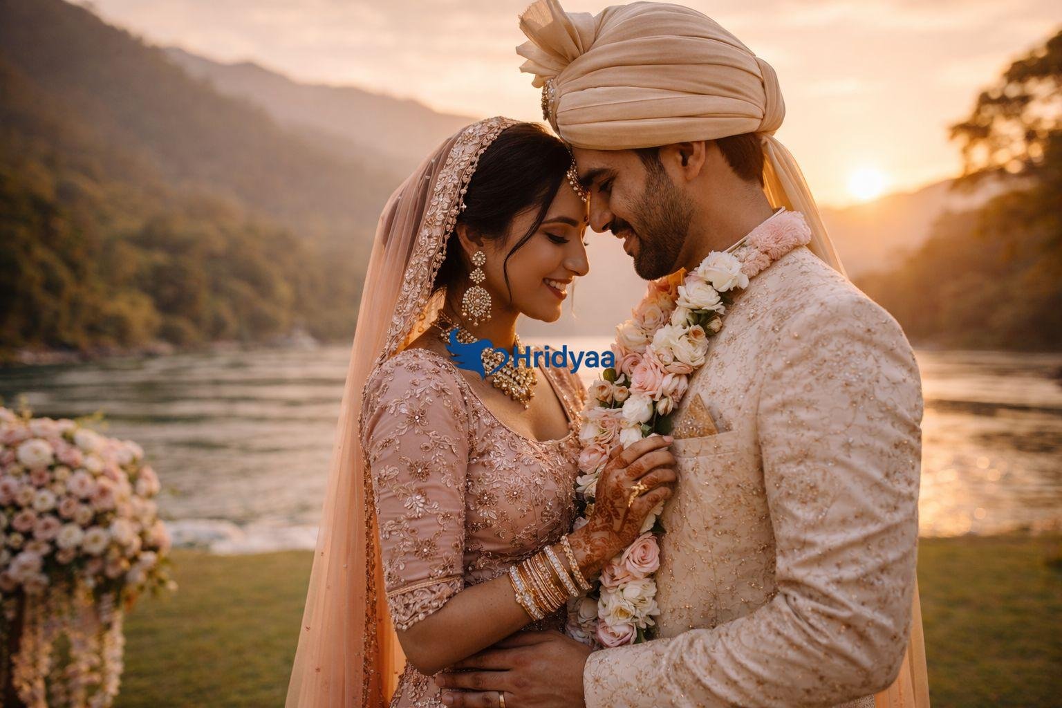 Bride and groom during sunset wedding ceremony near the Ganga river in Rishikesh
