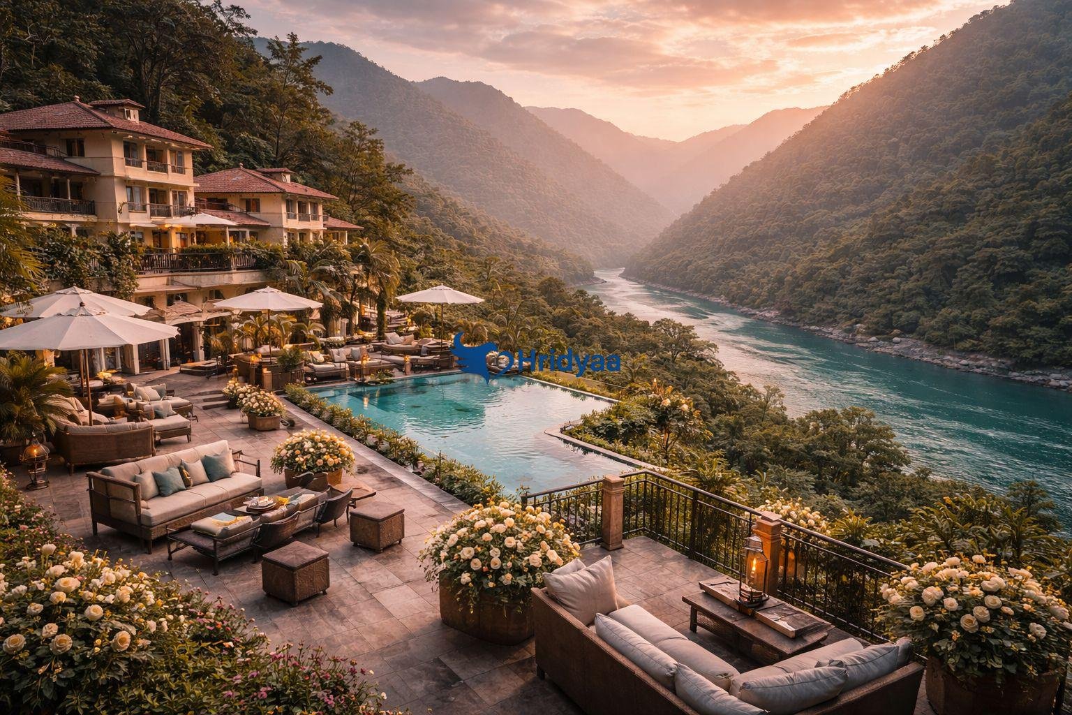 Hilltop boutique luxury resort in Rishikesh with panoramic Himalayan view