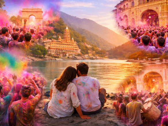 Holi celebration in Rishikesh showing people playing with colors in a calm riverside environment