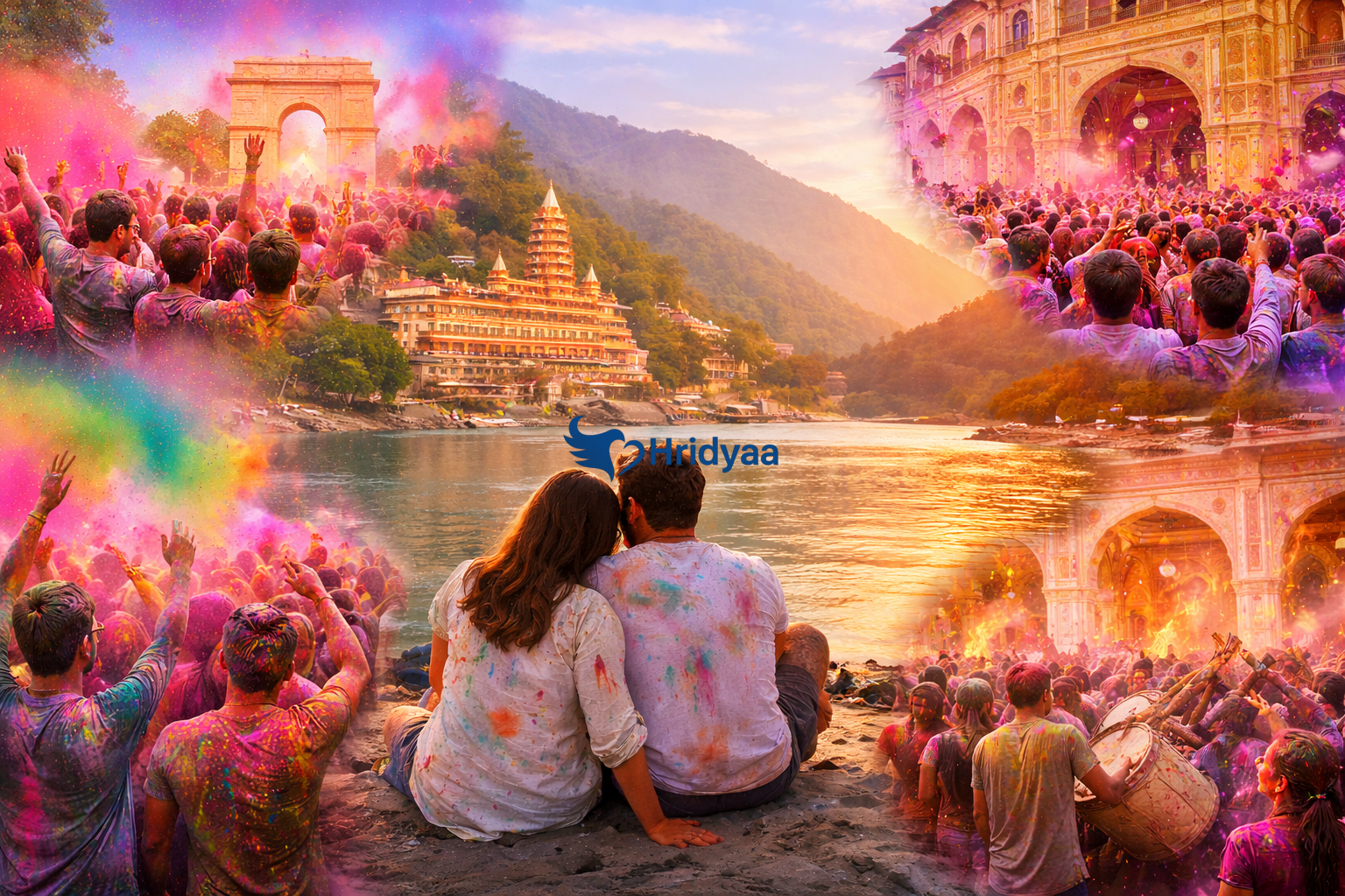 Holi celebration in Rishikesh showing people playing with colors in a calm riverside environment