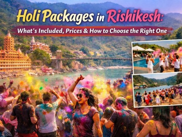 Holi celebration in Rishikesh with colorful crowds by the Ganga River, featuring riverside camps and resort experiences