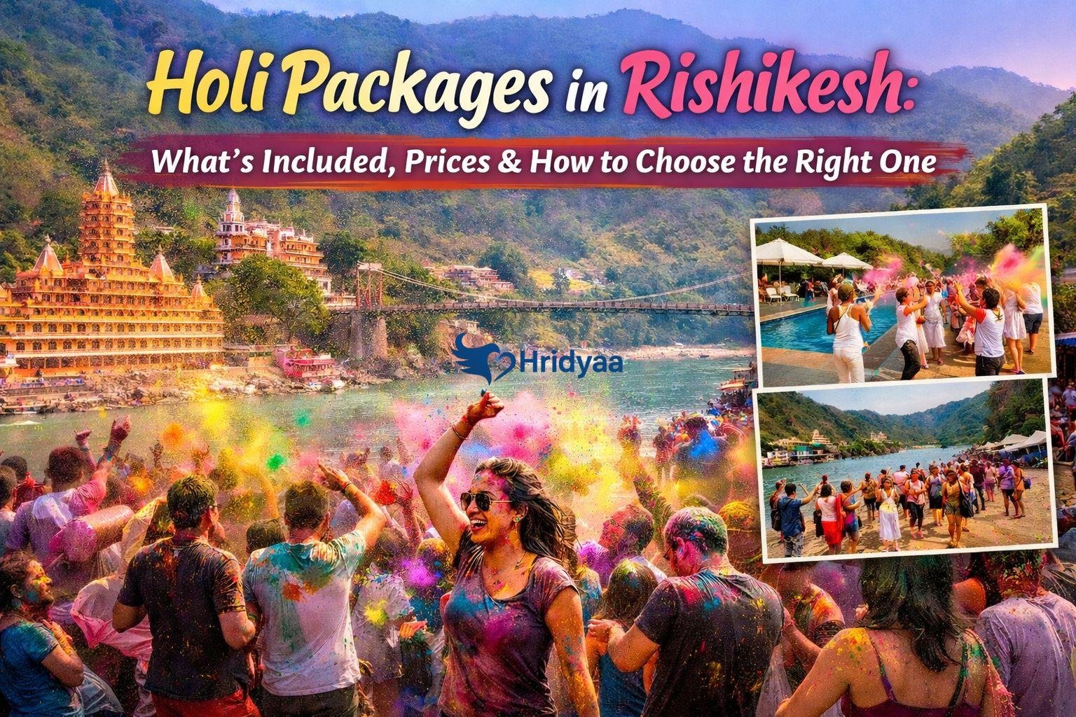 Holi celebration in Rishikesh with colorful crowds by the Ganga River, featuring riverside camps and resort experiences