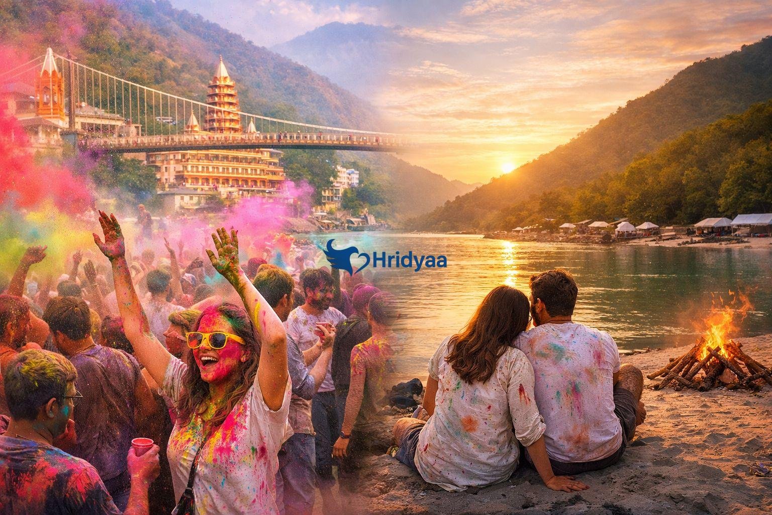 Holi celebration contrast in Rishikesh showing Tapovan’s colorful crowd and a peaceful riverside stay by the Ganga