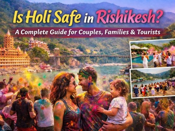 Couples and families celebrating Holi safely in Rishikesh near the Ganga River with colorful festivities