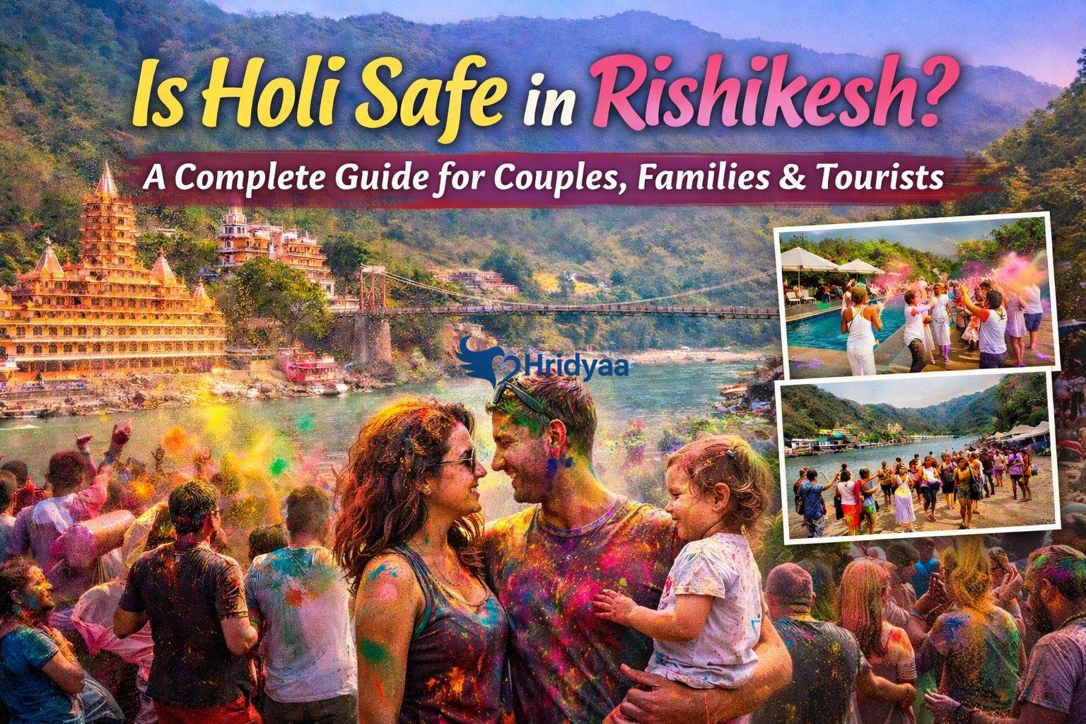 Couples and families celebrating Holi safely in Rishikesh near the Ganga River with colorful festivities