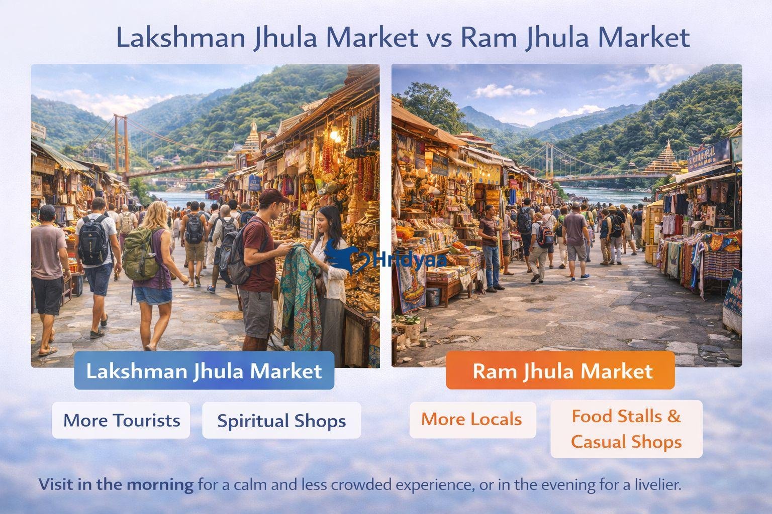 Comparison of Lakshman Jhula Market and Ram Jhula Market in Rishikesh showing differences in shopping atmosphere and crowd type