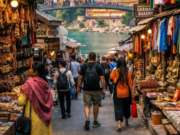 Lakshman Jhula market in Rishikesh with local shops, pedestrians, and street activity near the Ganga