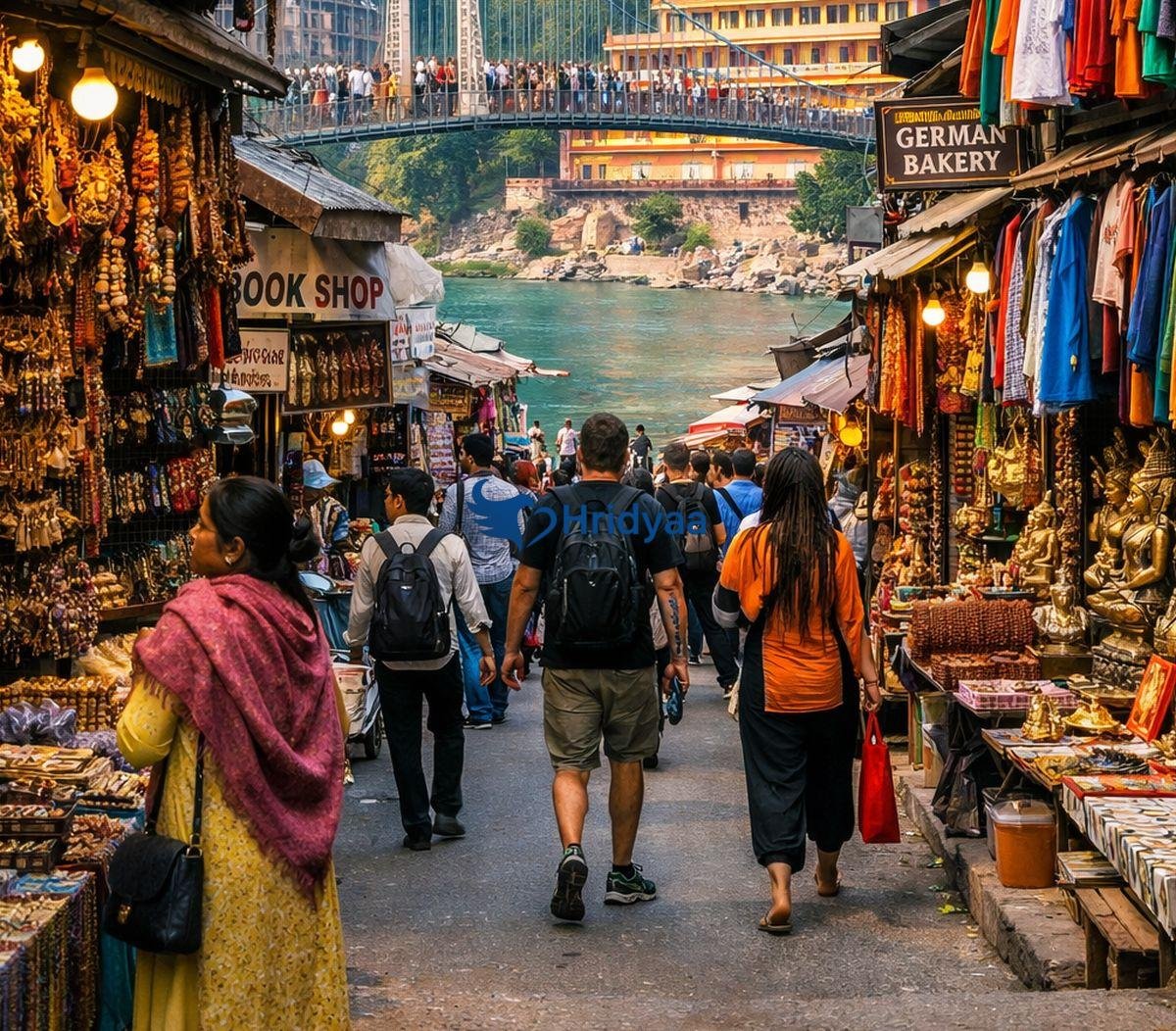 Lakshman Jhula market in Rishikesh with local shops, pedestrians, and street activity near the Ganga