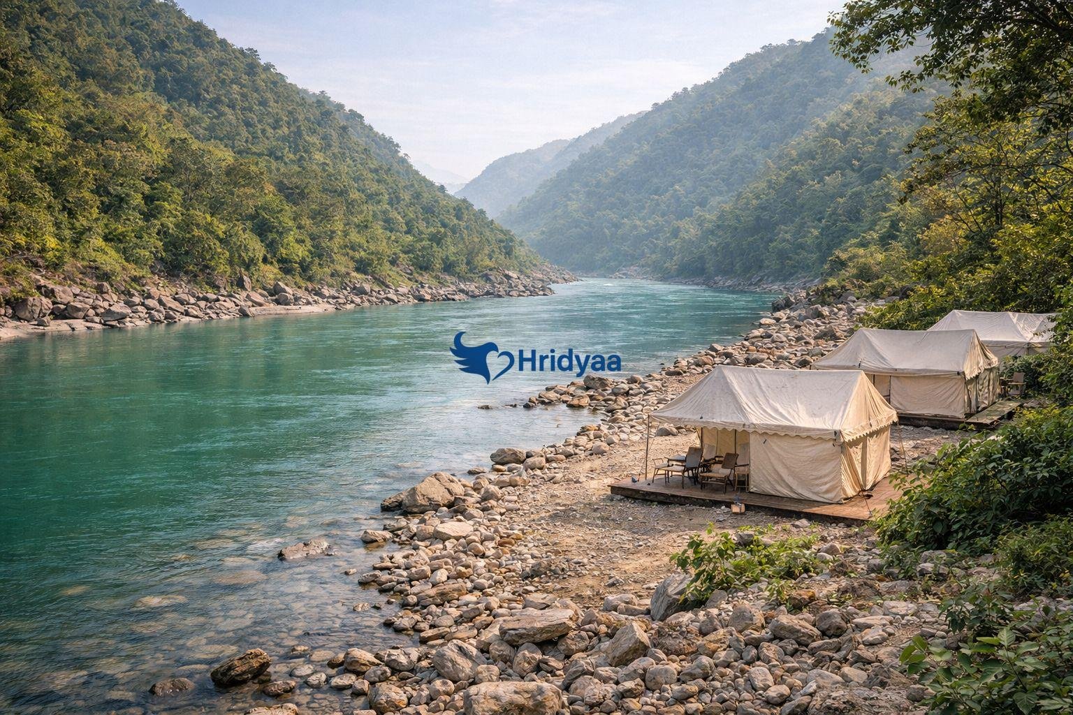 Riverside camping area in Shivpuri Rishikesh with tents near Ganga river