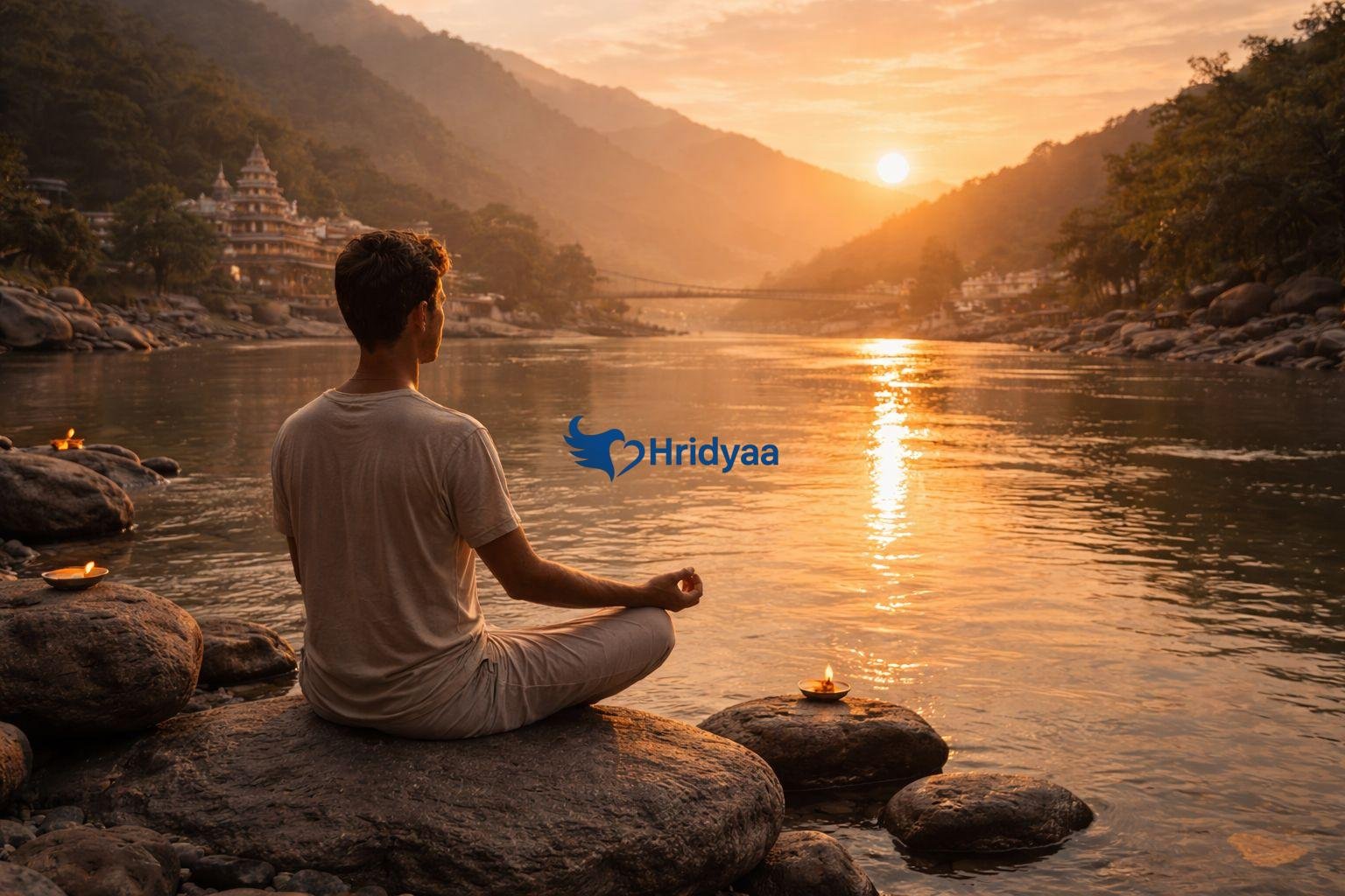 Person meditating by the Ganga River in Rishikesh at sunrise