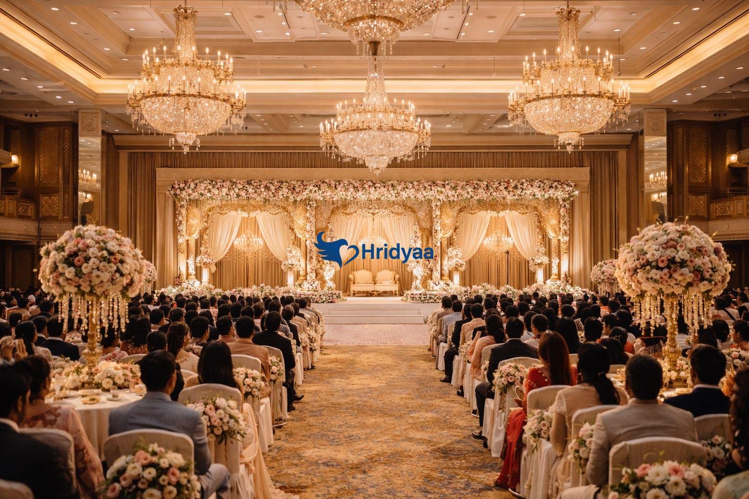 Large metro city wedding reception with 600 guests in banquet hall