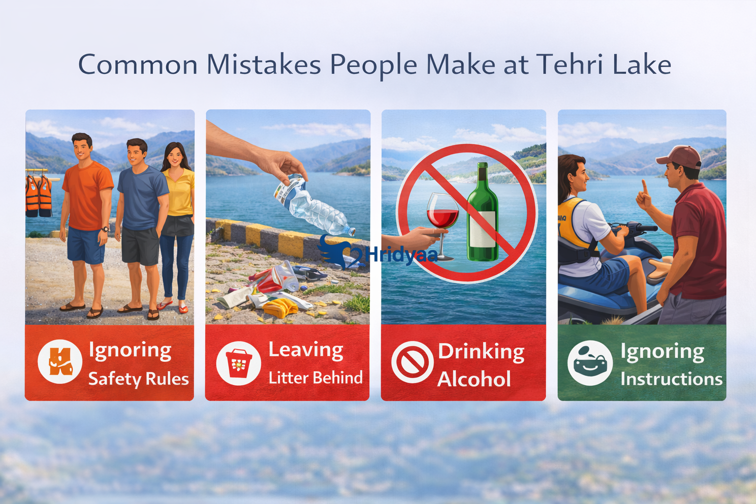 Common mistakes at Tehri Lake including ignoring safety rules, littering, drinking alcohol, and not following water activity instructions
