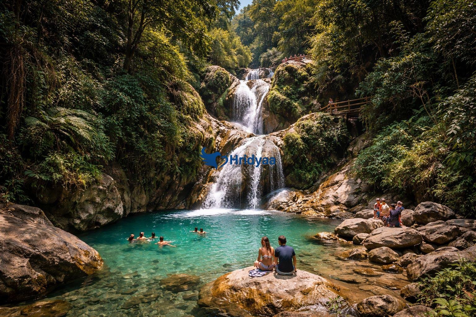 Neer Garh Waterfall in Rishikesh with turquoise natural pool surrounded by lush green forest