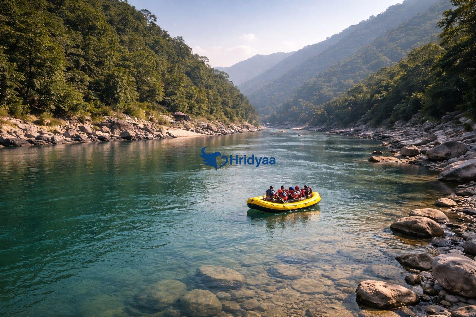 Clear post-monsoon Ganga river in Rishikesh during October rafting season