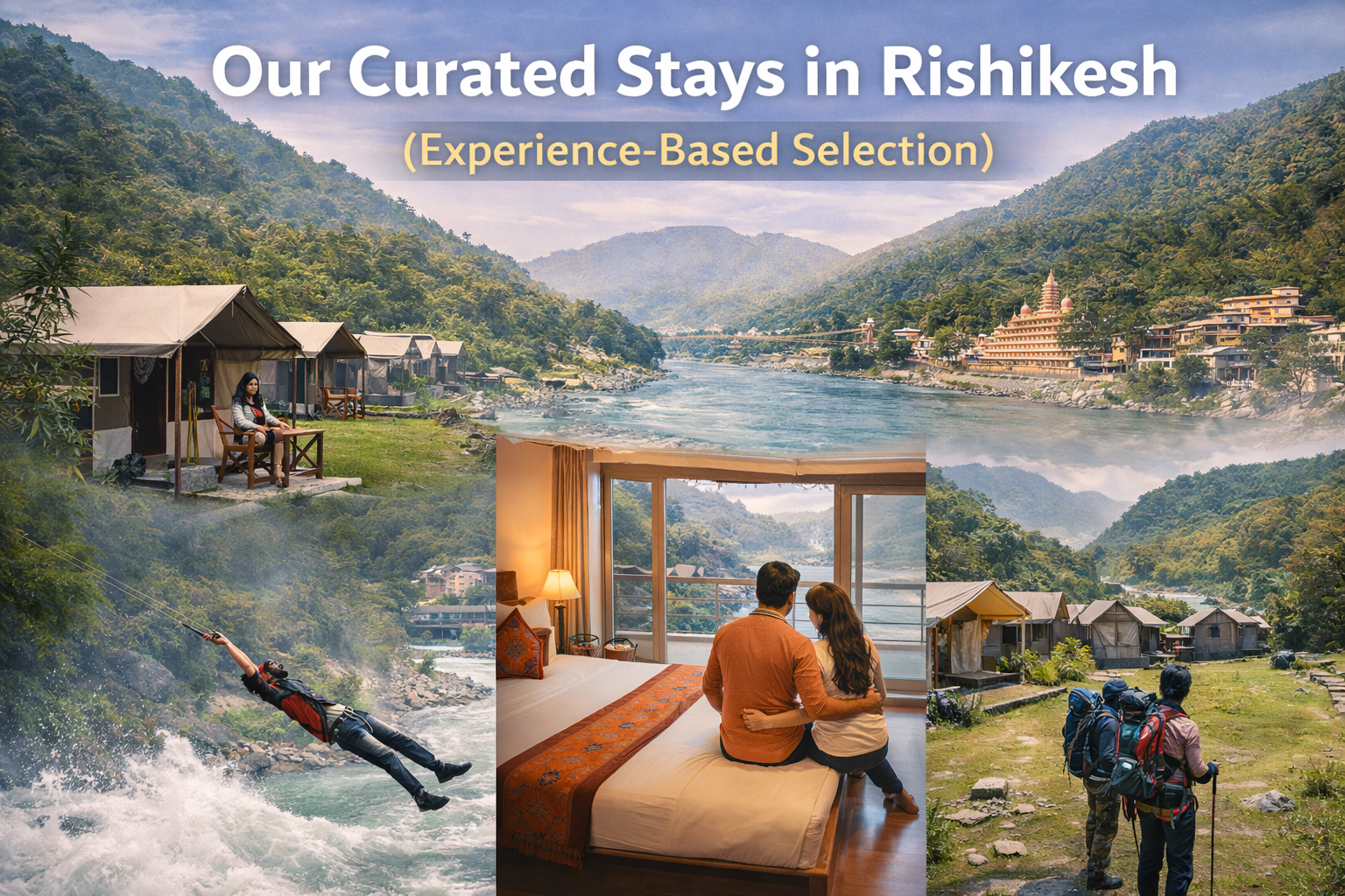 Curated stays in Rishikesh featuring riverside camps, family-friendly cottages, luxury resort comfort, and quiet nature stays along the Ganga