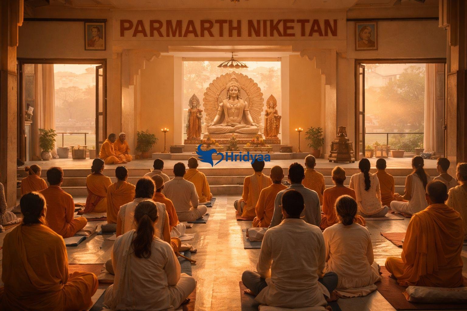 Morning meditation and prayer session at Parmarth Niketan Ashram in Rishikesh