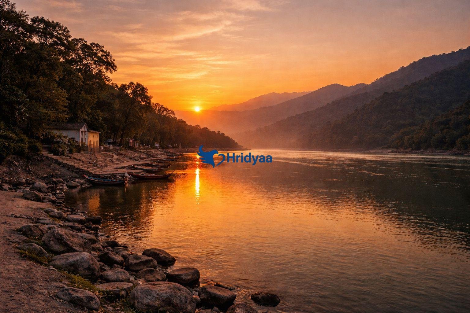Peaceful sunset at Phool Chatti Ghat on the Ganga in Rishikesh