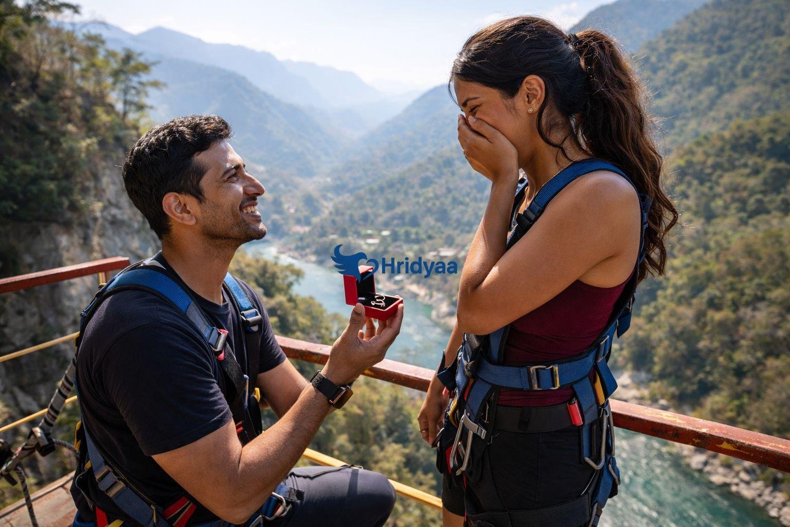 Couple celebrating proposal moment after bungee jump in Rishikesh