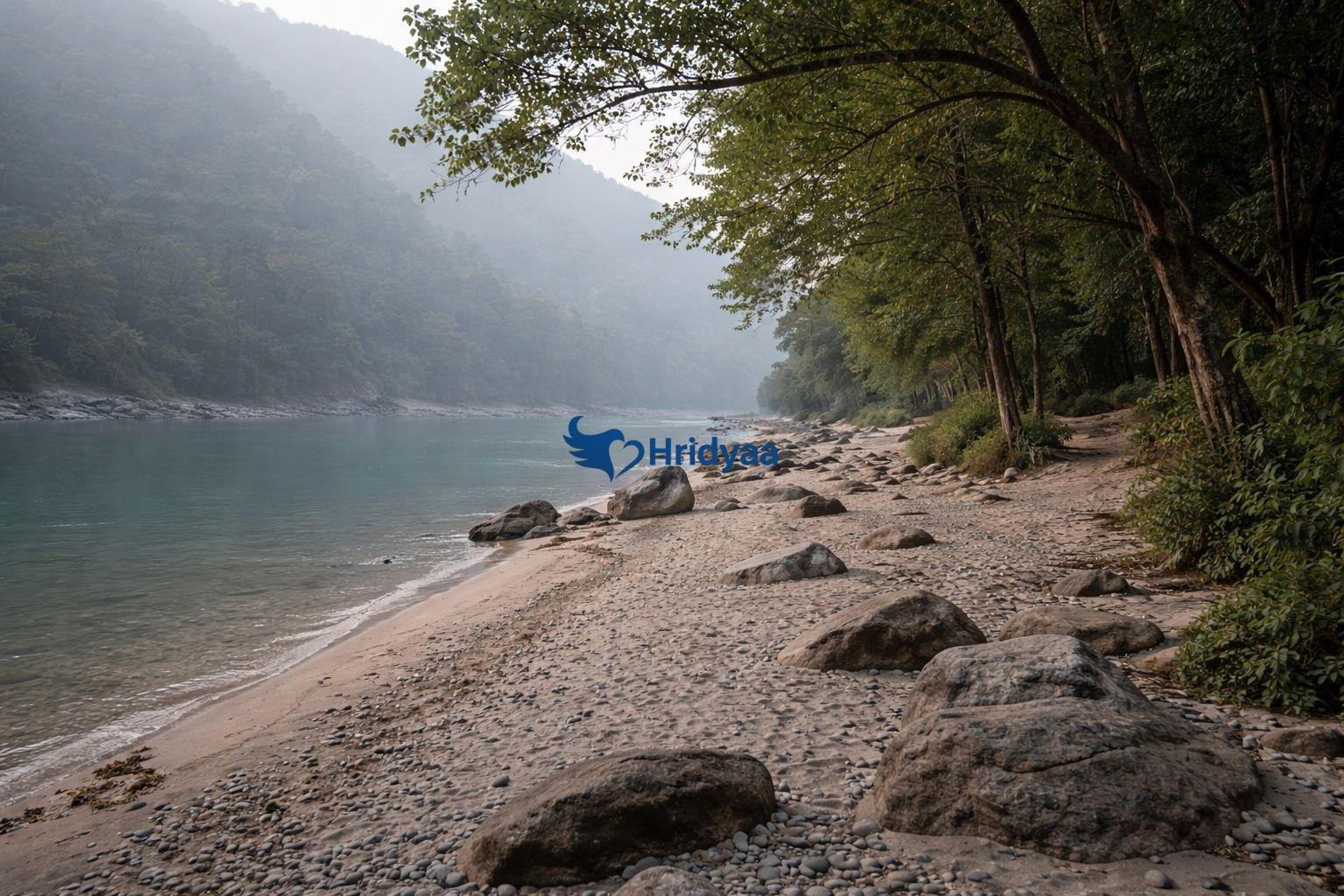 Peaceful river beach or forest trail in Rishikesh away from crowds