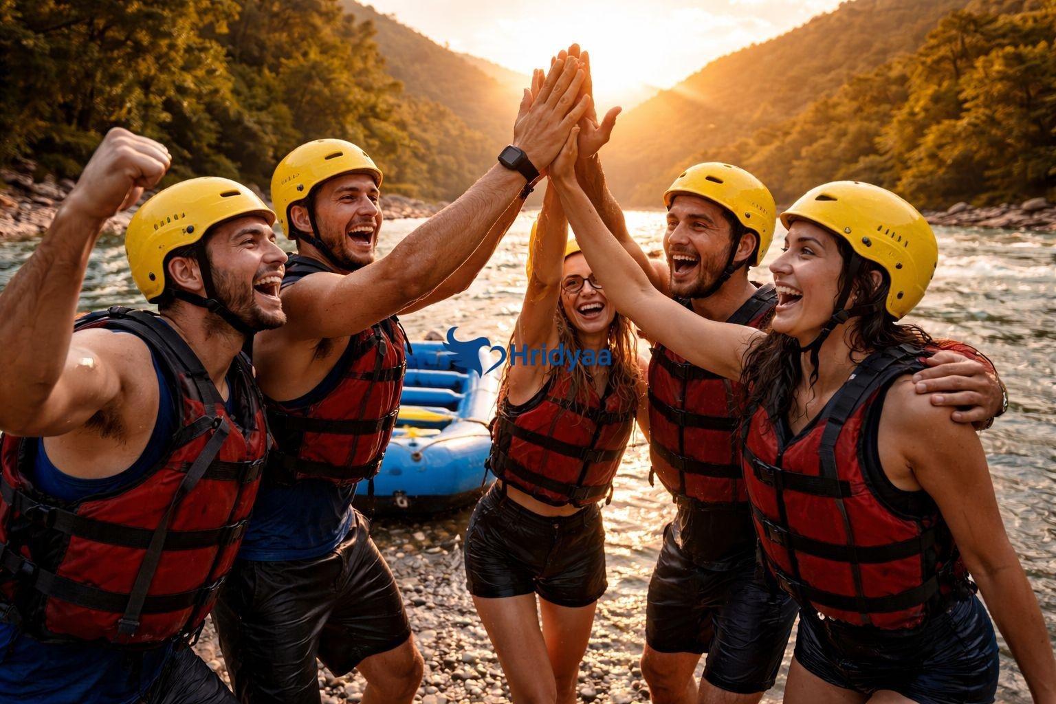 Group celebrating after completing river rafting in Rishikesh