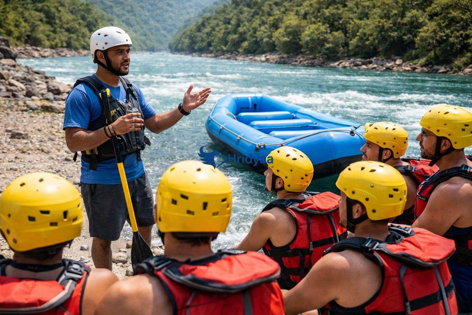 Rafting guide giving safety instructions to participants in Rishikesh