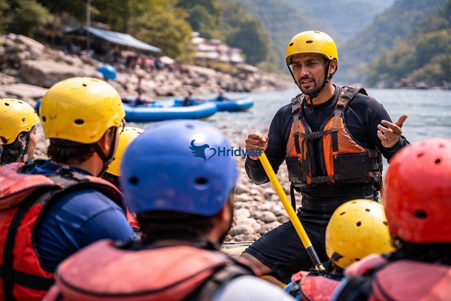 licensed rafting guide safety briefing in Rishikesh before river launch