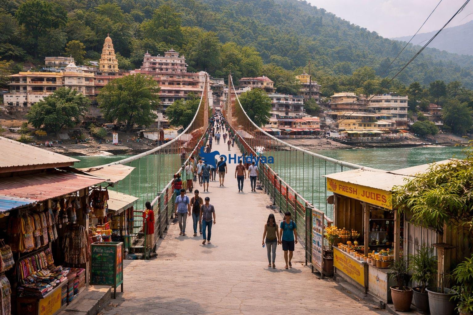 Daytime view of Ram Jhula bridge area in Rishikesh
