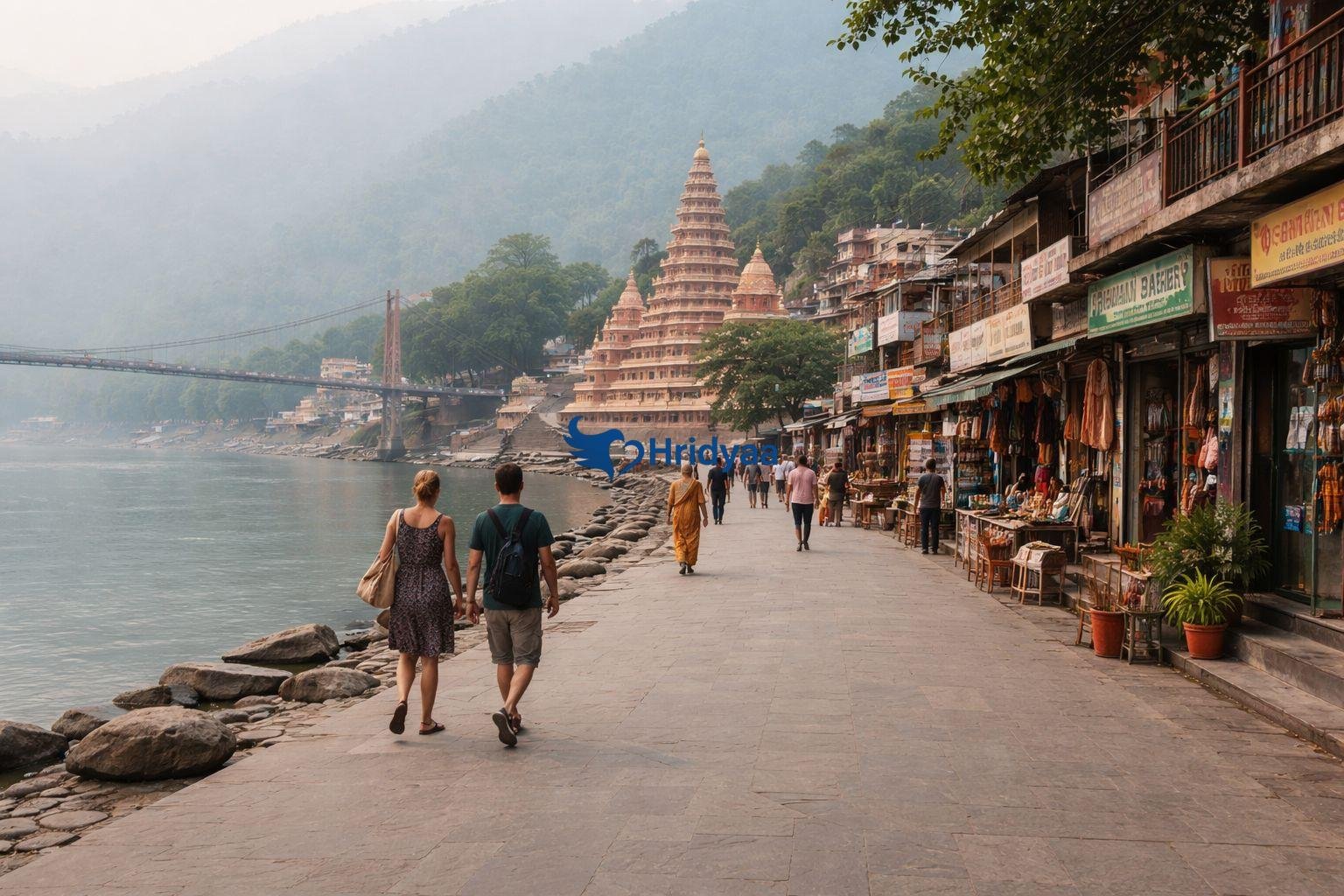 Morning atmosphere near Ram Jhula with calm movement and river views