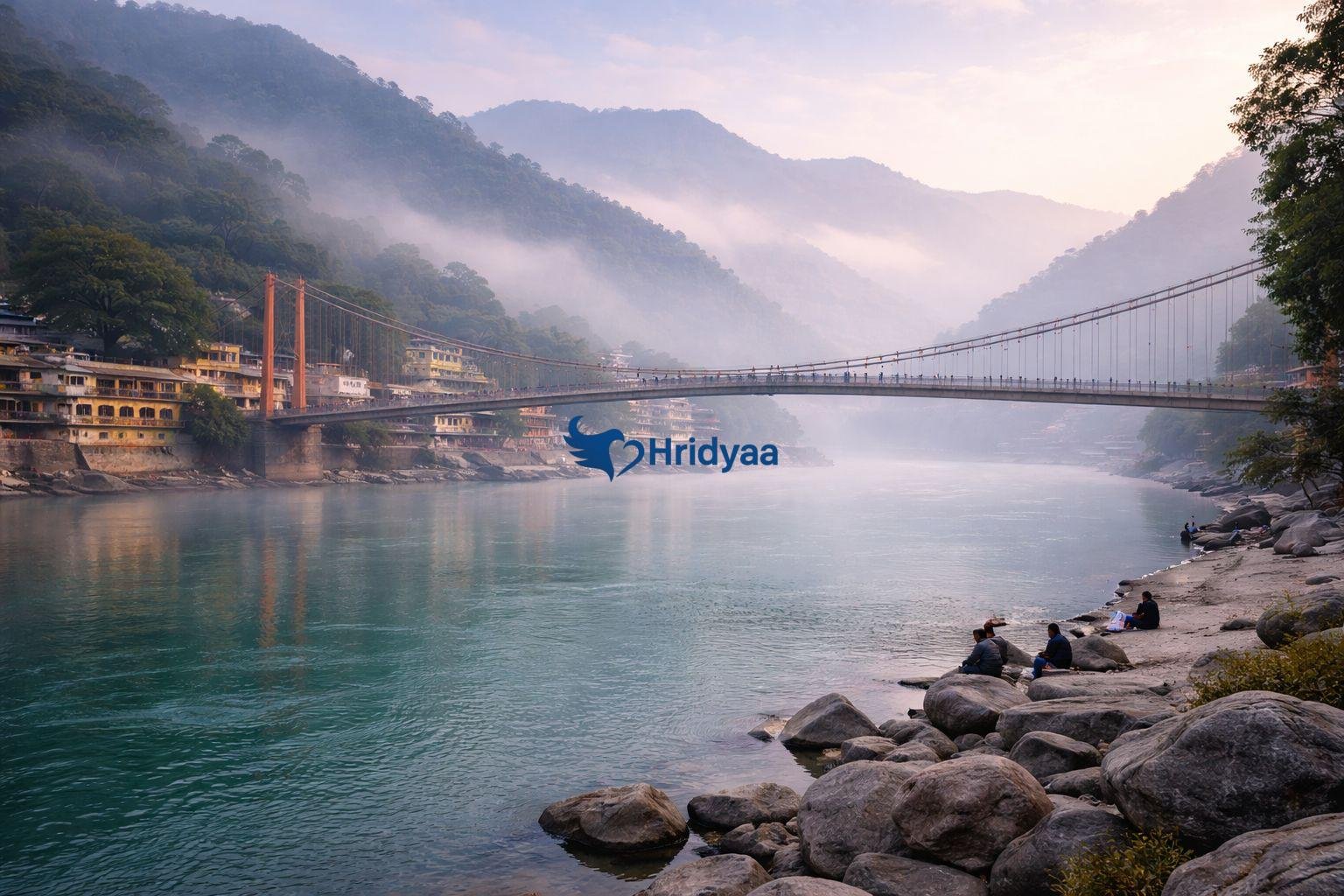 Ram Jhula in Rishikesh on a foggy winter morning with mist over the Ganga River