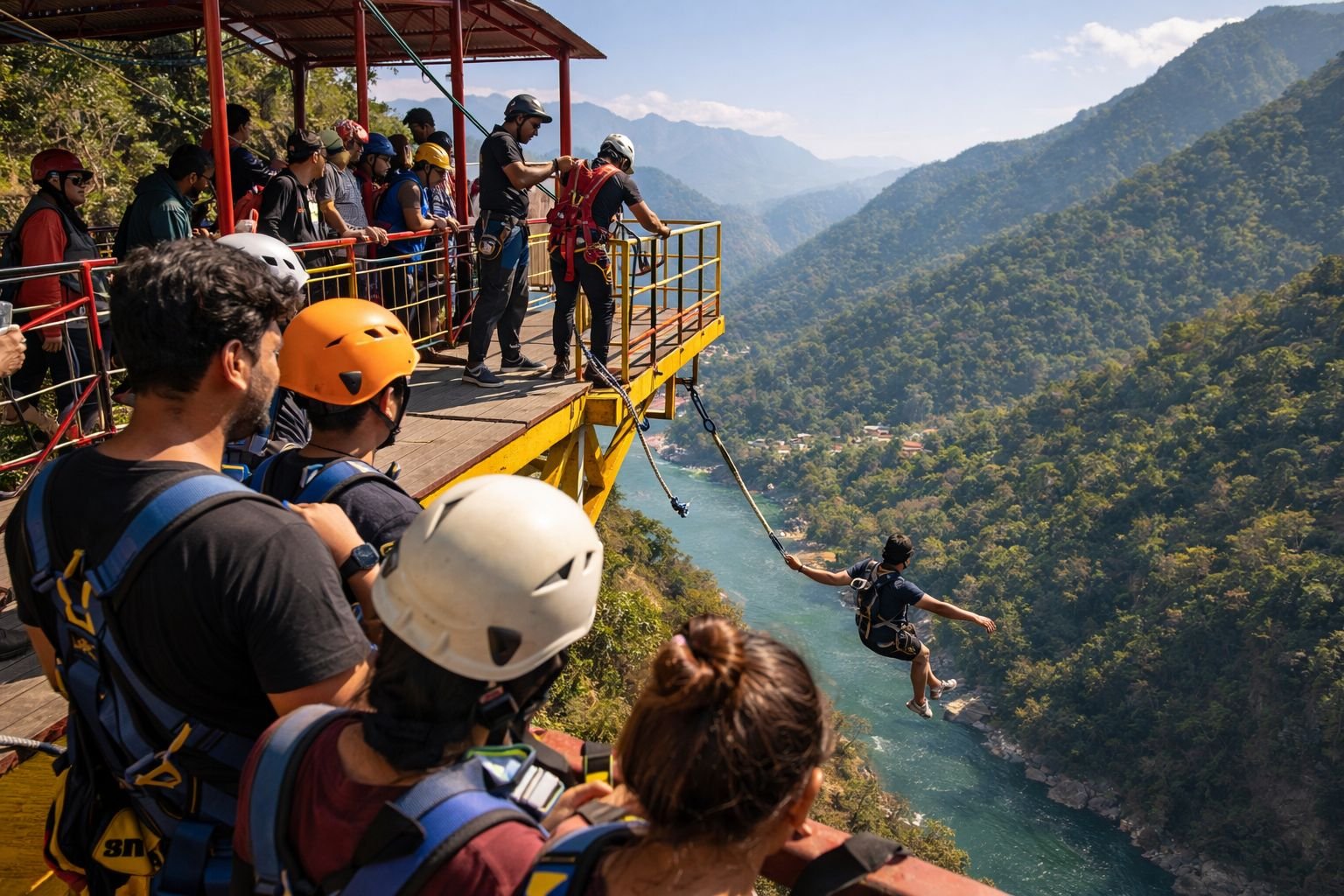 Participants preparing for bungee jumping experience in Rishikesh valley
