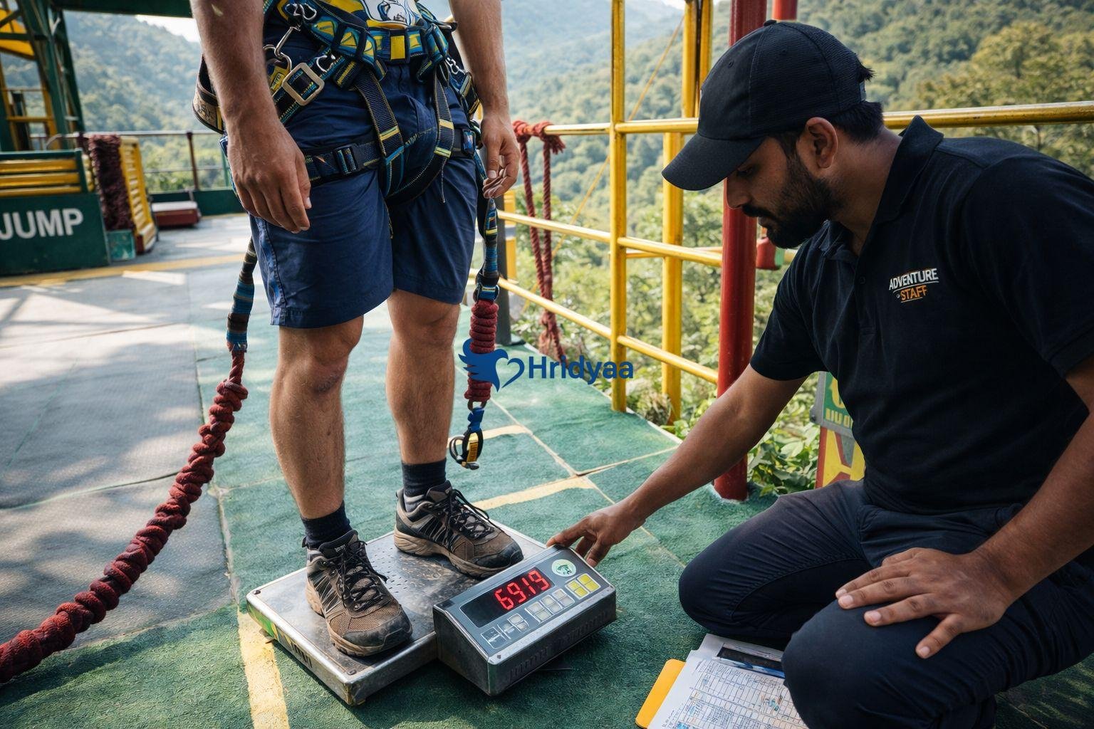 Weight measurement before bungee jump for rope calibration in Rishikesh