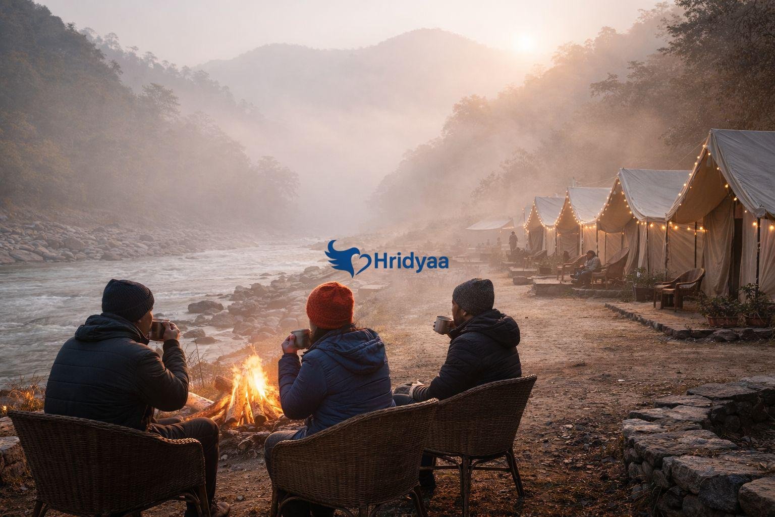 Rishikesh camping in December weather during foggy morning