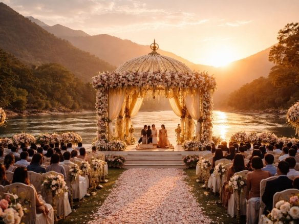 Riverside destination wedding setup in Rishikesh with Ganga backdrop and mountain views