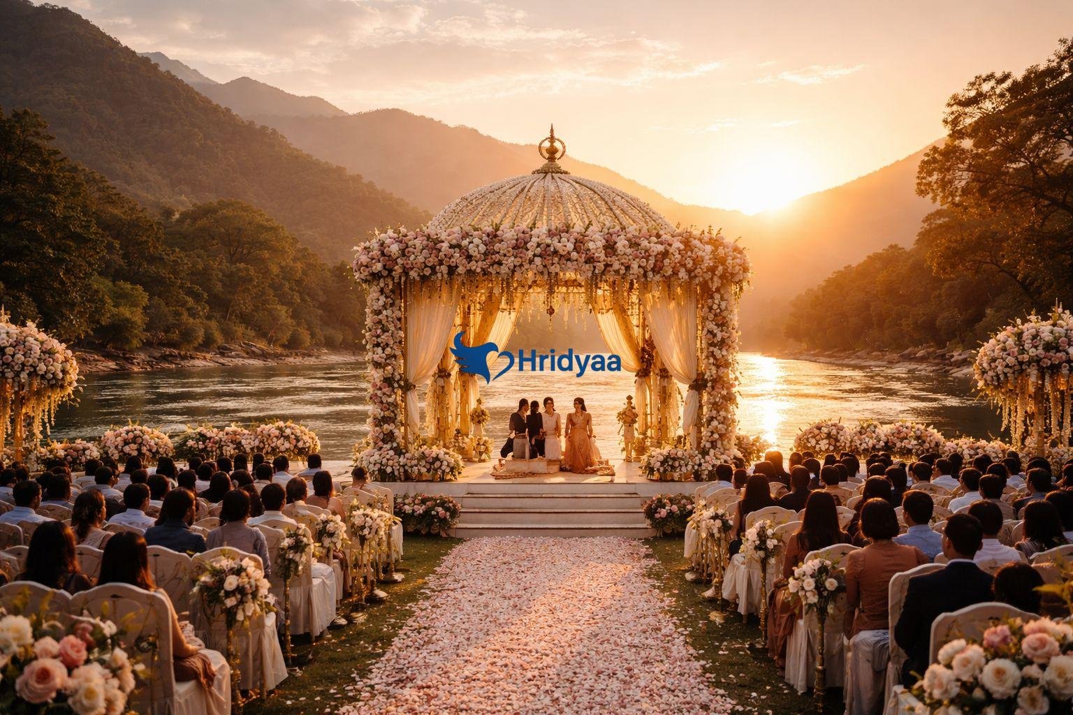 Riverside destination wedding setup in Rishikesh with Ganga backdrop and mountain views