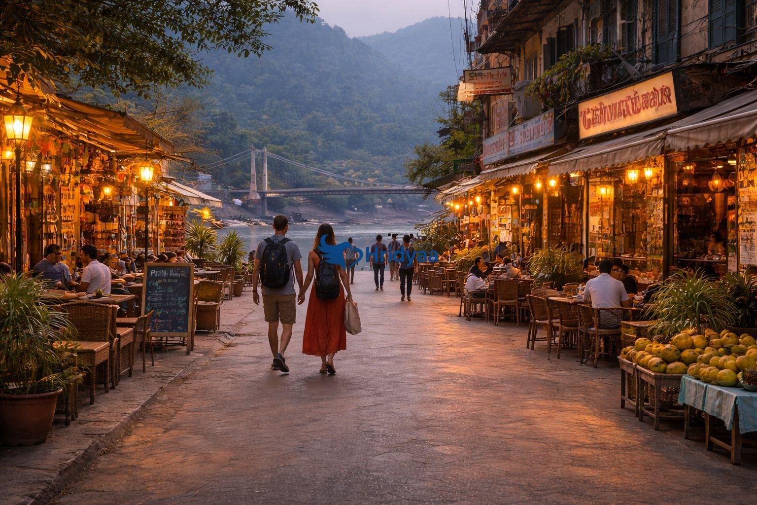 Early evening street scene in Rishikesh with lights and pedestrians