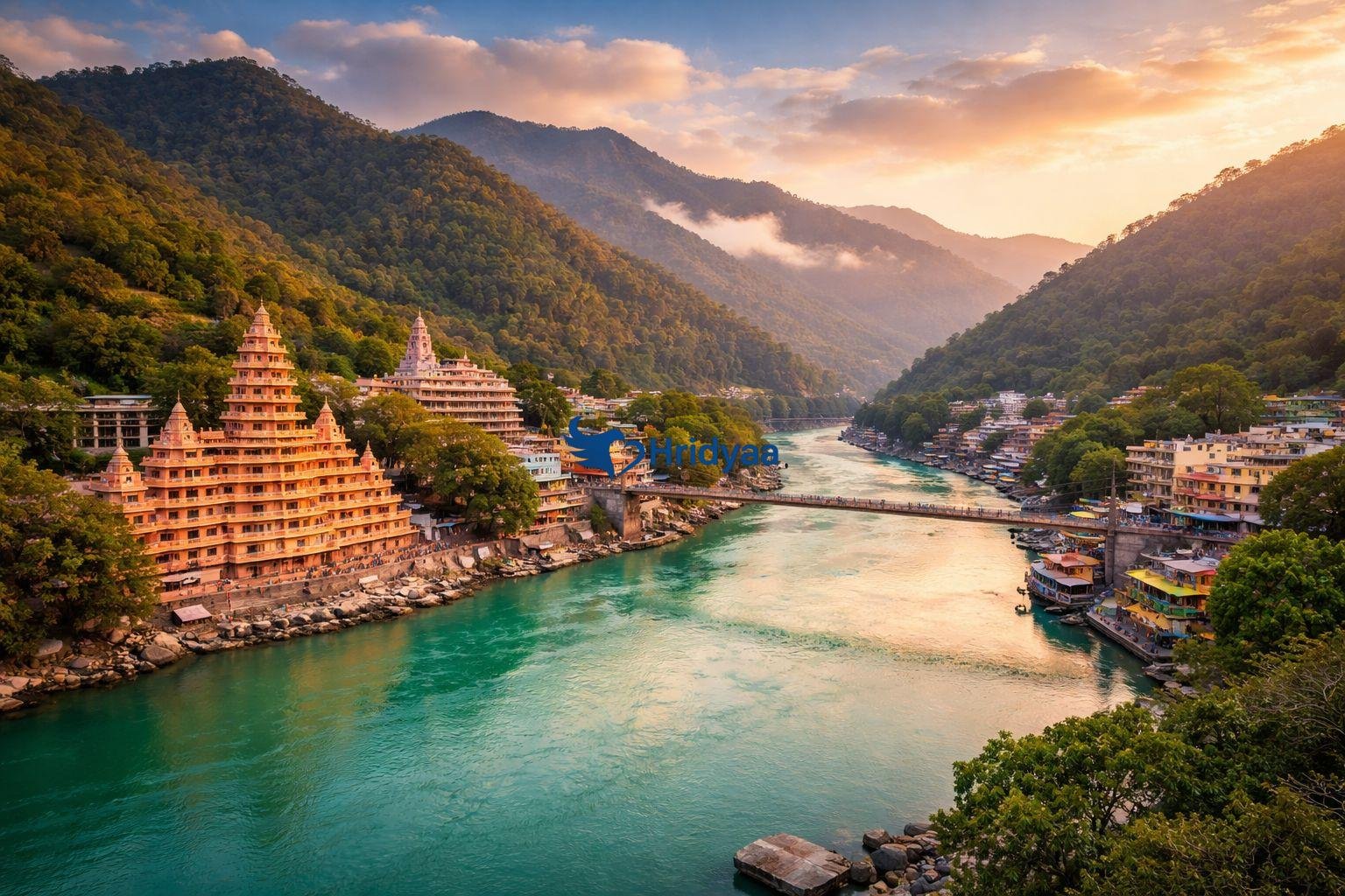 Scenic view of Rishikesh with the Ganga River flowing between Himalayan hills at sunset