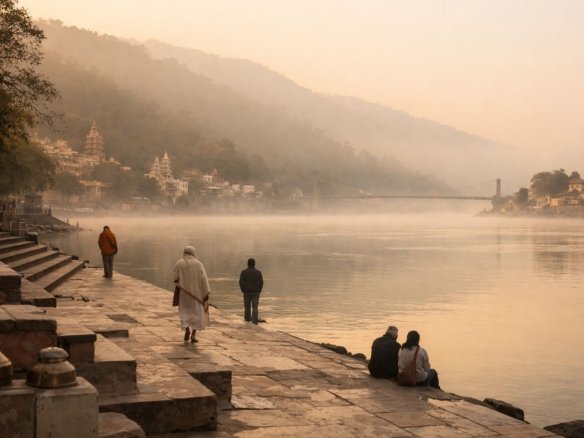 Morning view of the Ganga in Rishikesh with calm surroundings and light foot traffic