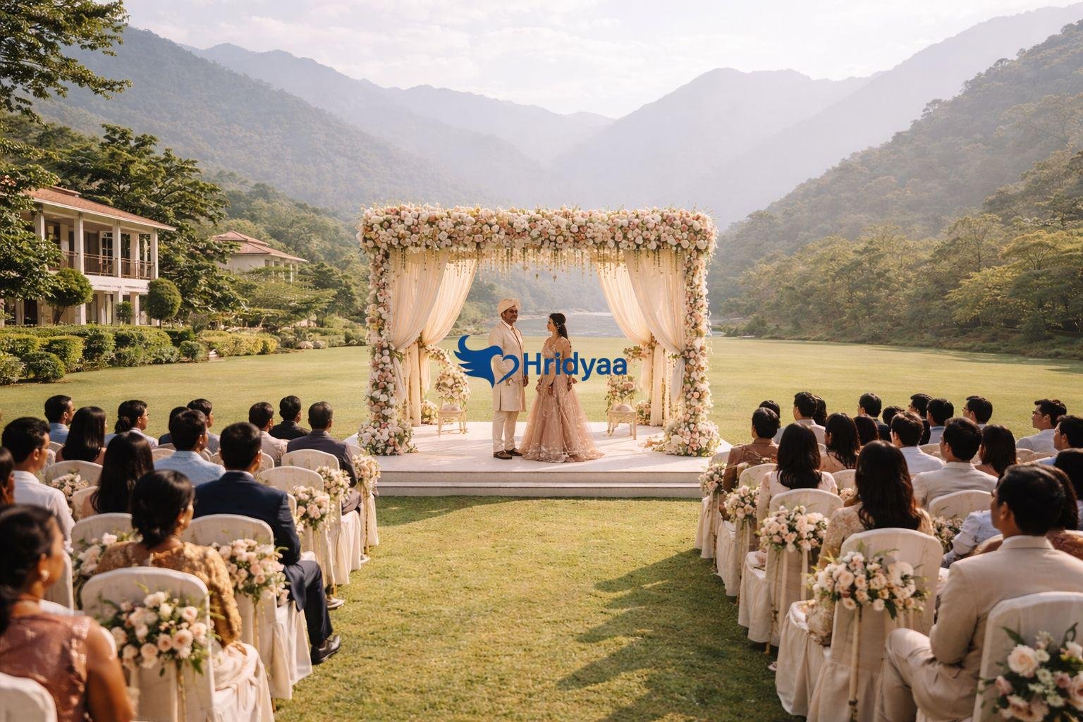Open lawn wedding ceremony in Rishikesh resort with minimal décor and mountain backdrop