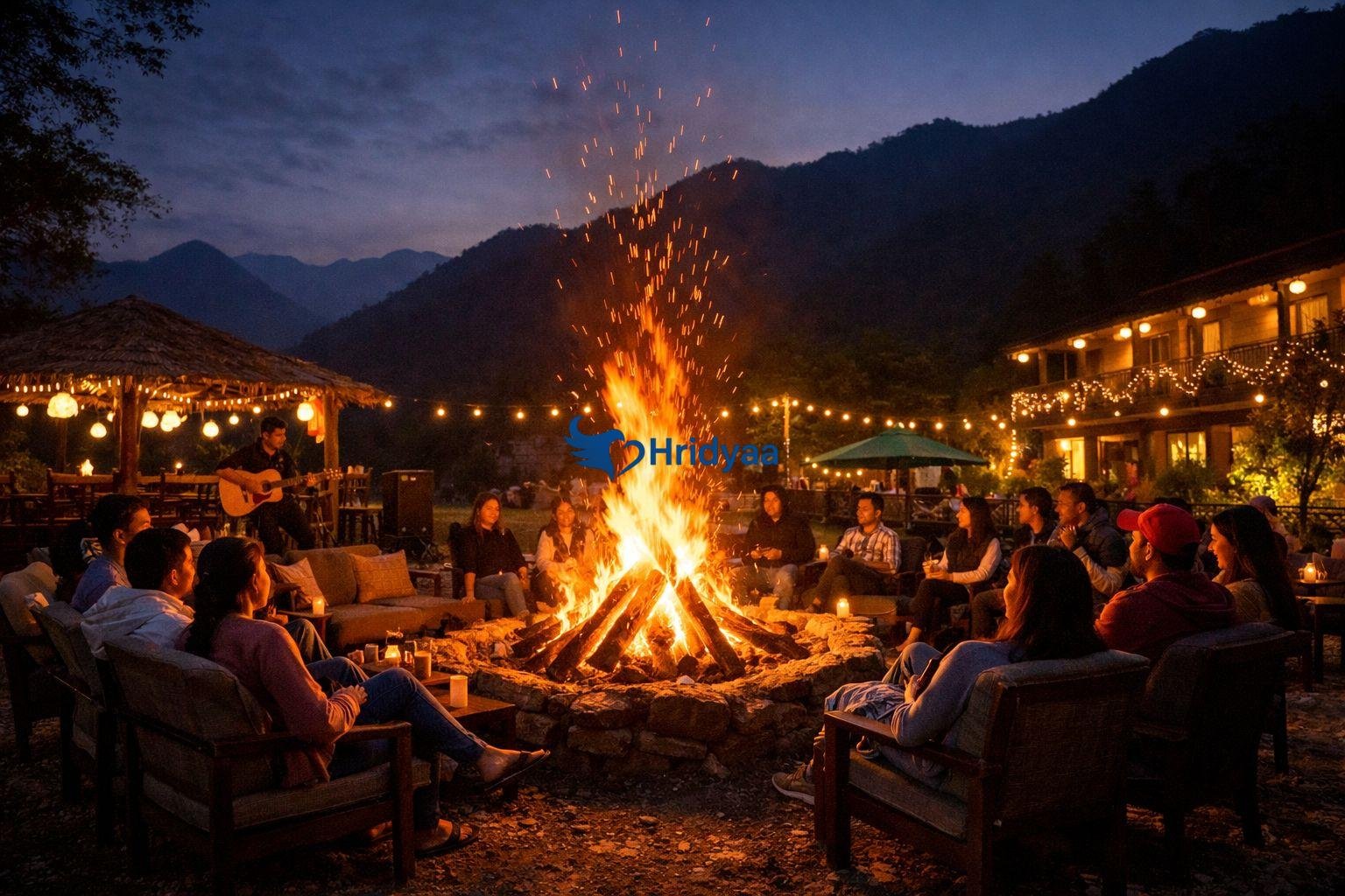 Evening bonfire at resort in Rishikesh 1 night package