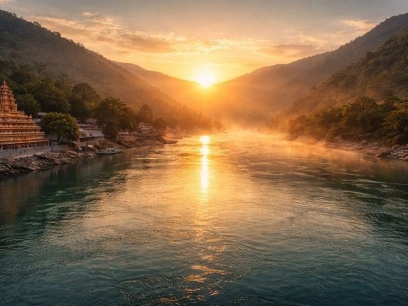 Sunrise over the Ganga river in Rishikesh with Himalayan hills