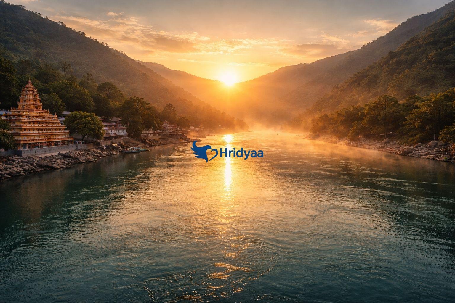 Sunrise over the Ganga river in Rishikesh with Himalayan hills