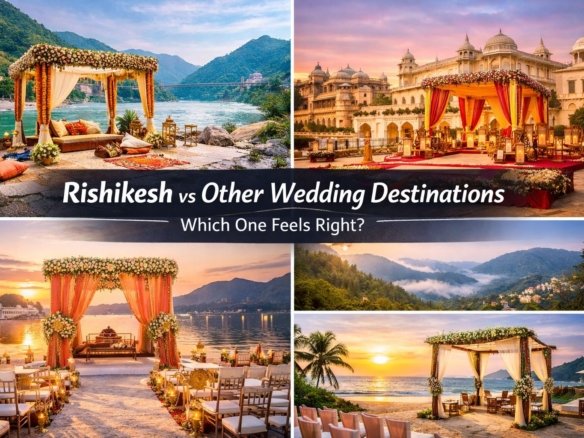 Comparison of wedding destinations including Rishikesh, Jaipur, Udaipur, Mussoorie and Goa