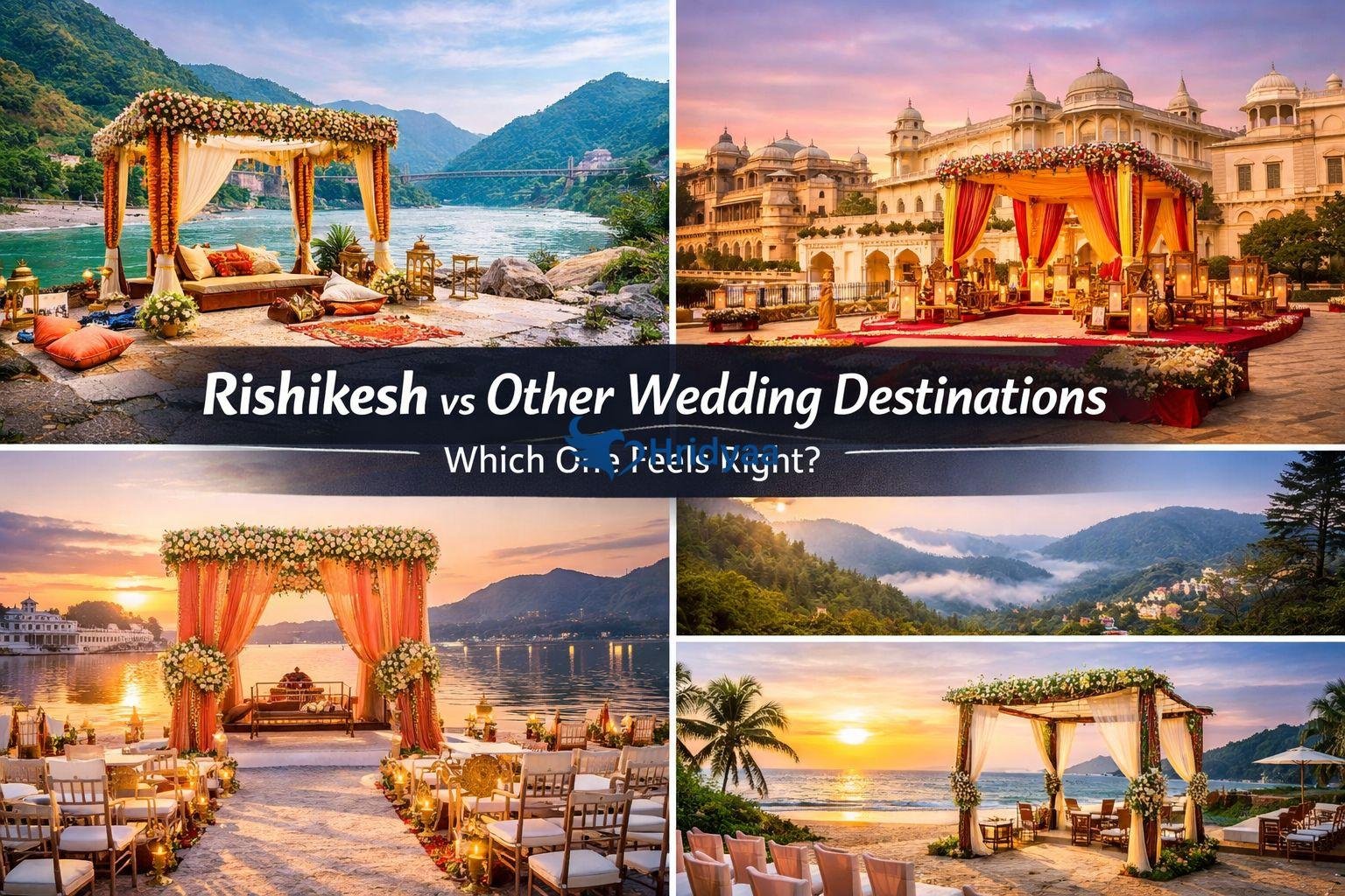 Comparison of wedding destinations including Rishikesh, Jaipur, Udaipur, Mussoorie and Goa