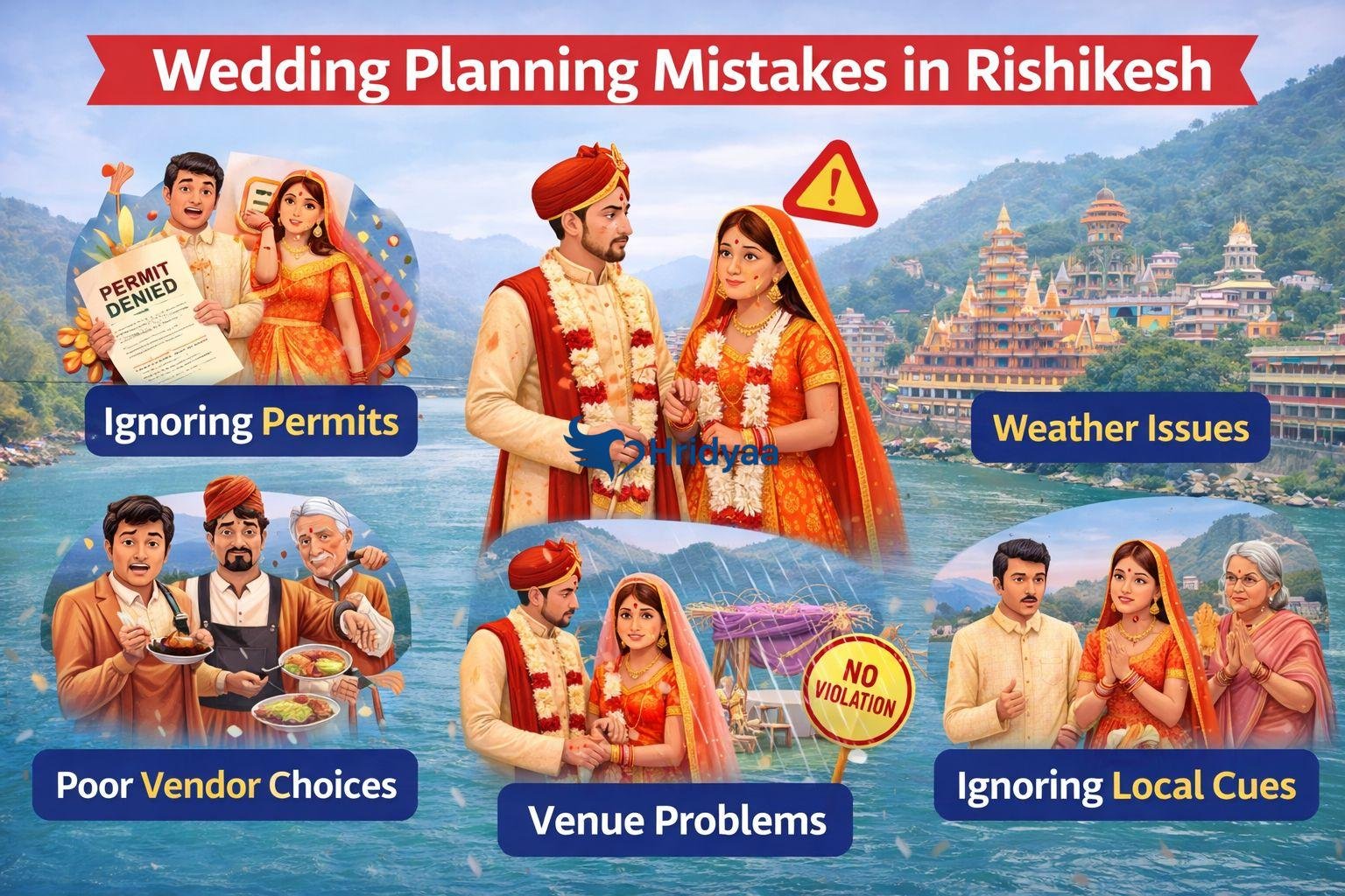 Visual illustration representing common wedding planning mistakes in Rishikesh