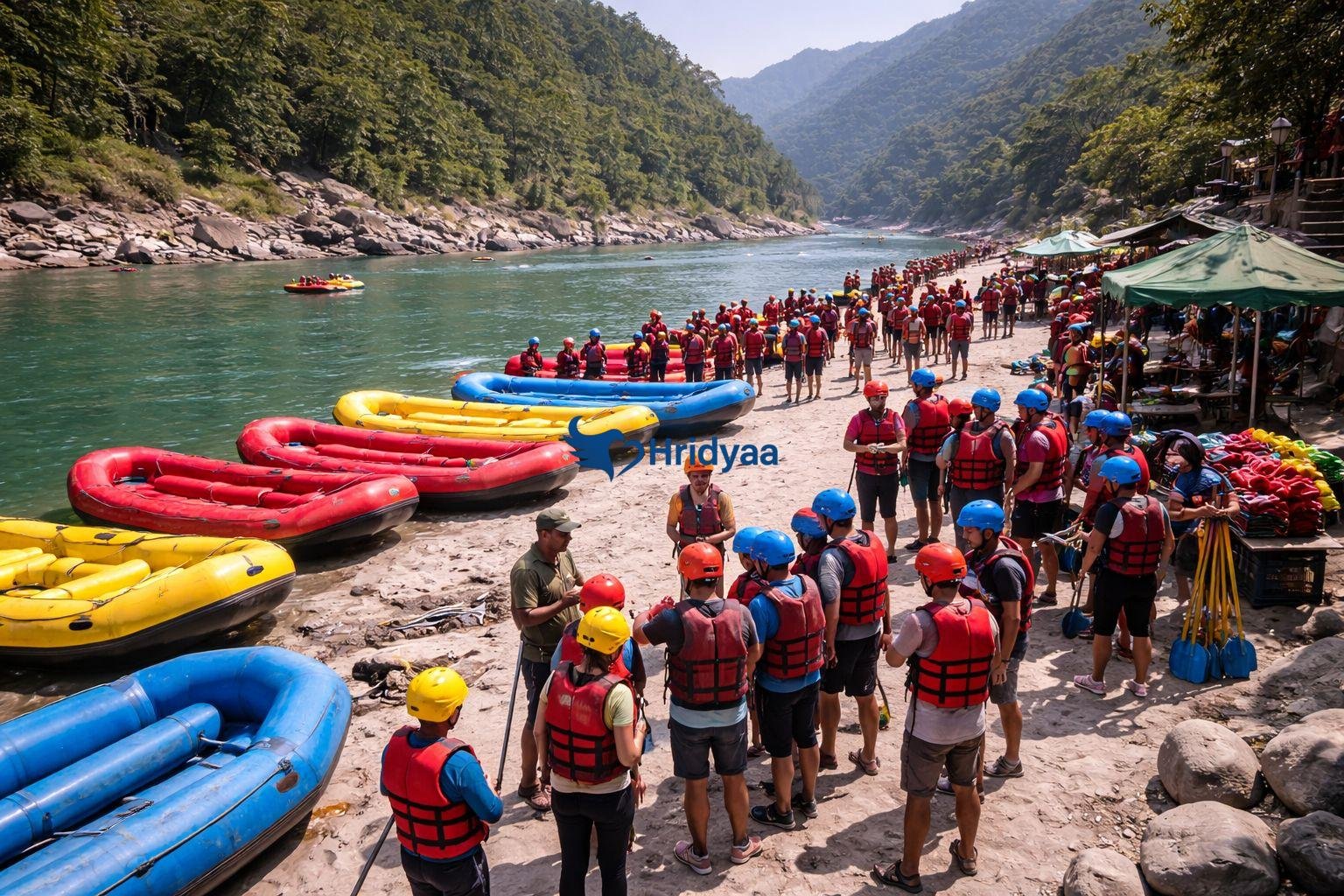 Busy rafting weekend in Rishikesh with multiple groups preparing for departure