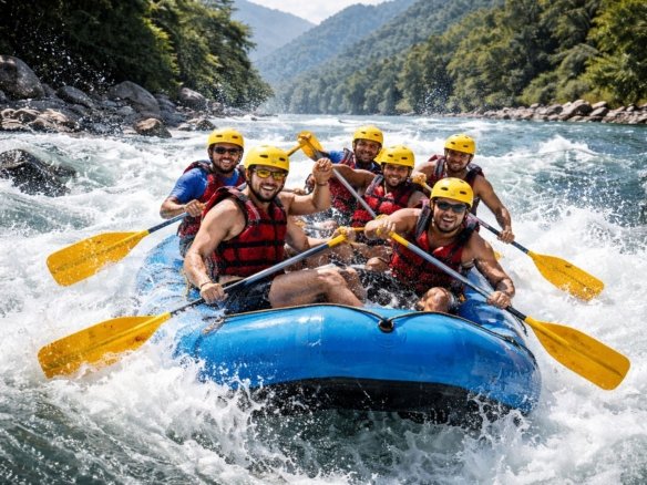 River rafting in Rishikesh on the Ganga hitting a strong rapid with Himalayan backdrop